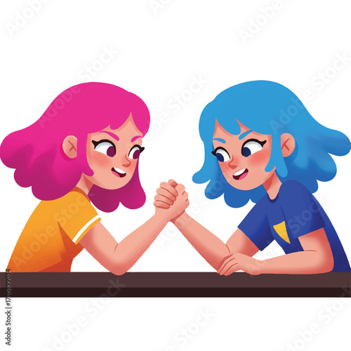 Vintage-style illustration of two smiling cartoon girls with pink and blue hair engaged in an arm-wrestling match on a brown table against a clean white background.