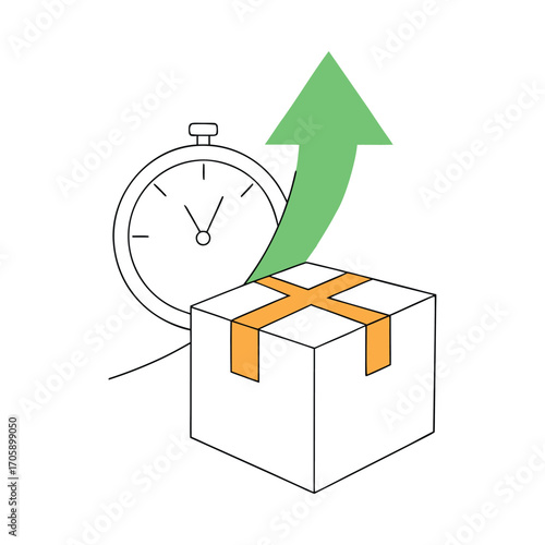 Vector art of delivery speed concept with a stopwatch and a package with an upward arrow indicating fast shipping and delivery time