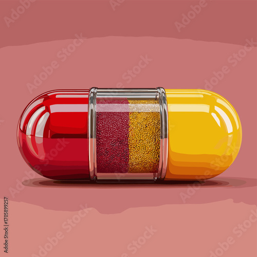 Vibrant red and yellow pharmaceutical capsule showcasing a combination drug therapy concept in a 3D illustration