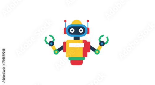 Colorful Cartoon Robot with Antennae and Gripper Arms.