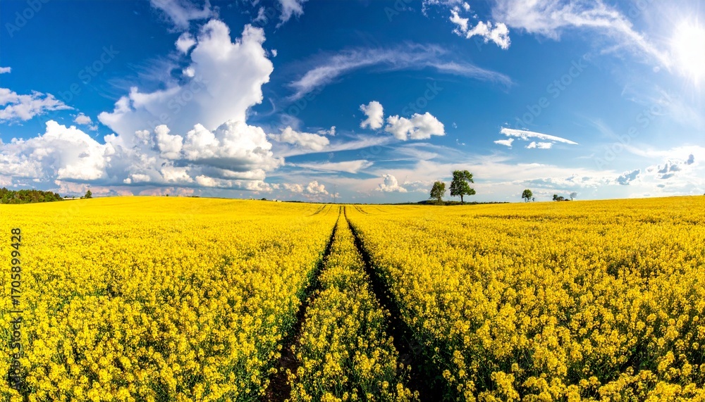 Obraz premium Canola or rapeseed yellow field and blue sky on a sunny day. Rural scene in spring, beautiful landscape. Agricultural industry.