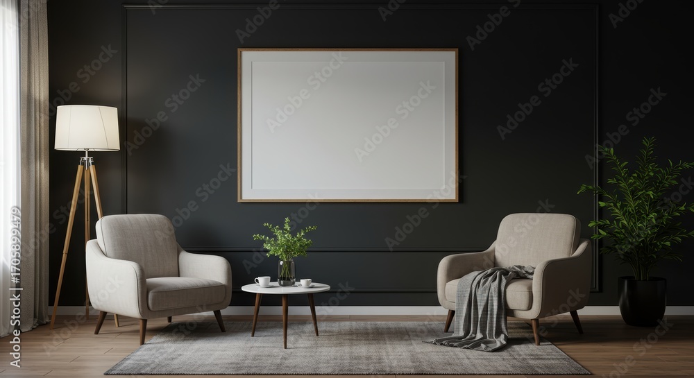 Fototapeta premium Modern minimalist living room interior with two comfortable armchairs a coffee table and plants on dark wall background with framed artwork