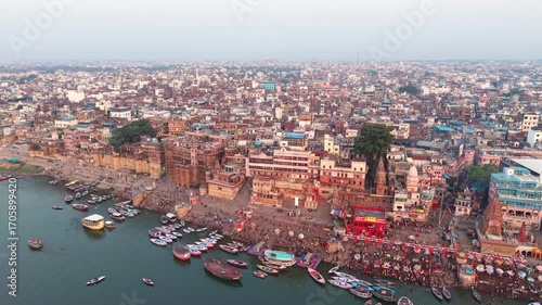 Varanasi, India: Aerial view of famous Dashashwamedh Ghat in ancient holy city on Ganges river - landscape panorama of Southeast Asia from above
