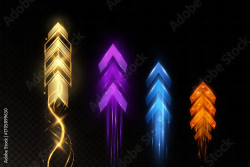 Bright glowing arrows set isolated on dark background, neon shiny arrow symbols in gold, purple, blue, orange colors, futuristic speed motion design elements for technology and decoration.