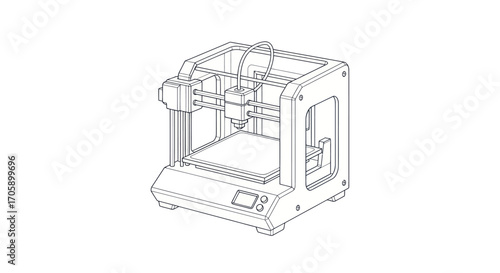 3D Printer Line Art Illustration with Visible Frame and Print Bed.