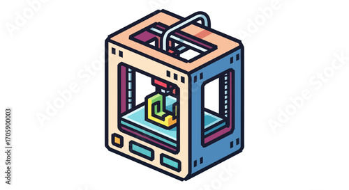 Cartoon Illustration of a 3D Printer with Detailed Design.