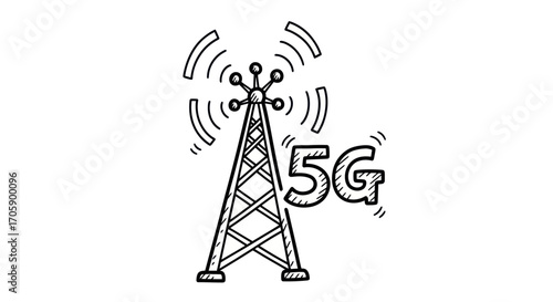 5G Network Tower Illustration with Radio Waves.