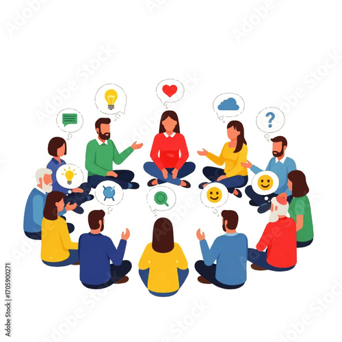 Diverse group participates in a collaborative circle discussion, sharing ideas and thoughts.