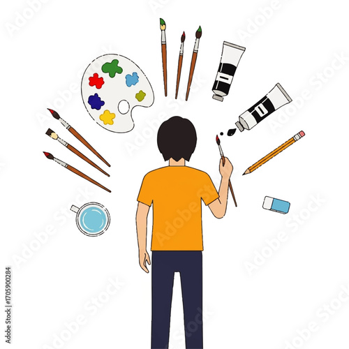 A person focused on painting, surrounded by art supplies.