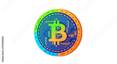Vibrant Digital Bitcoin Cryptocurrency Coin with Circuit Board Pattern.