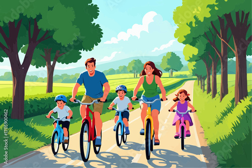 Happy family cycling together on a sunny day through a scenic path