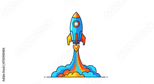 Colorful Cartoon Rocket Launching with Rainbow Flames.