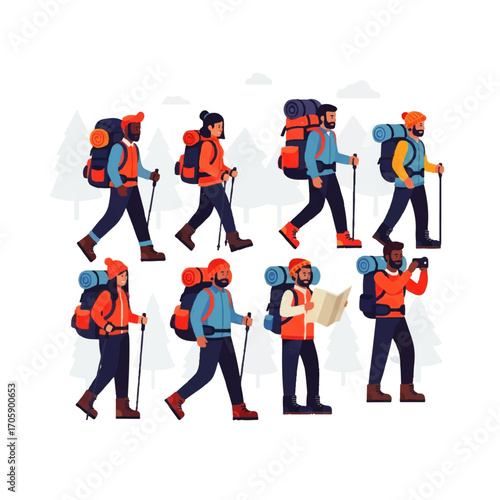 Diverse group of hikers with backpacks, trekking poles, and maps, exploring a winter landscape