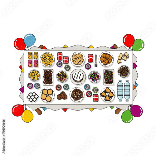 A celebratory buffet table laden with sweets, snacks, and drinks, decorated with balloons.