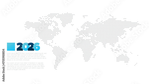 2026 year symbol with sample text. Dotted world map background. Infographic element for business, web design, presentation, report, event, page. Vector illustration