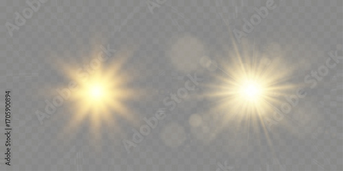 Glowing sunburst light effect. Soft golden flare with radial blur. Bright sunlight halo on white background.	