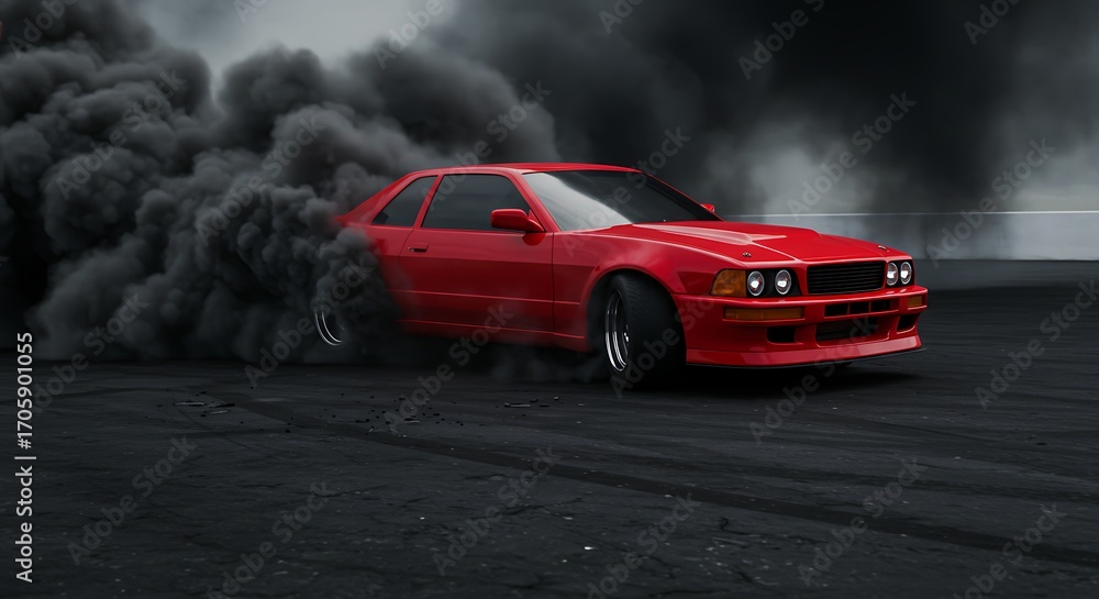 Fototapeta premium A solid red racing car doing a burnout, thick smoke around tires, asphalt cracking slightly, dramatic cinematic perspective, no logos, no text.