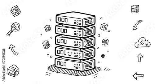 Hand-drawn doodle server stack illustration for data storage and networking.