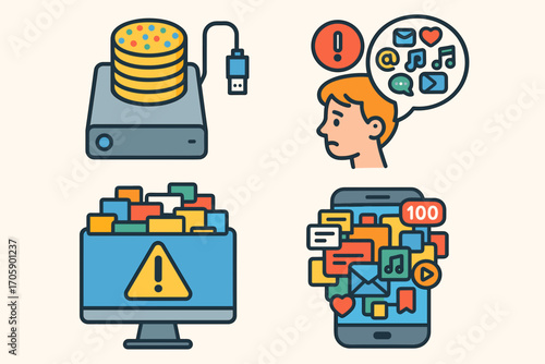 Digital Overload and Information Stress Icons Set – Notifications, Data Storage, Online Media_simple_compose