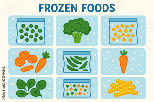 Frozen Foods Icons Set – Vegetables in Bags, Broccoli, Carrots, Peas, Healthy Nutrition_simple_compose