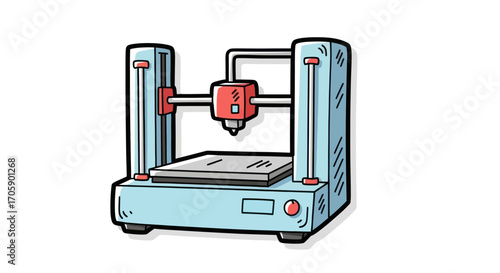 Cartoon 3D Printer with Red Extruder Head and Blue Frame.