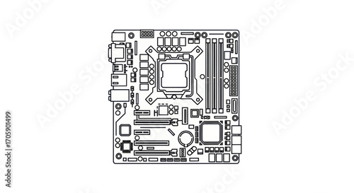 Detailed Outline of a Computer Motherboard with Components.