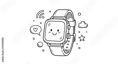 Charming black and white line art drawing of a cute smartwatch character with a smiling face.