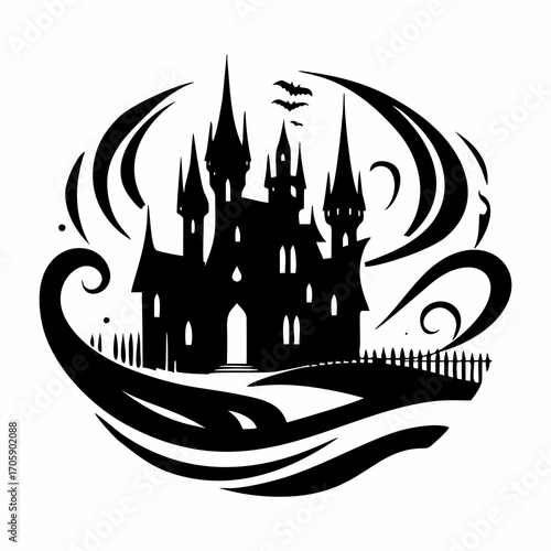 Vector logo with haunted castles, pumpkins and bats in spooky gothic style for Halloween.