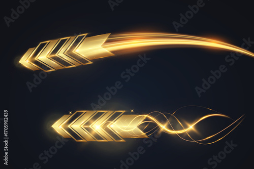 Quadro su tela Golden glowing arrow with light trail and abstract wave motion effect on dark transparent background