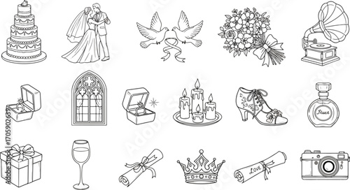 Charming Wedding Icons Set | Hand-Drawn Vintage Doodle Illustration