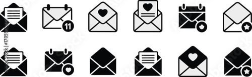 Envelope and calendar icons, message symbols, heart badge, star badge, notification graphics, date reminder, email interface, scheduling design, black icons, UI elements, content management