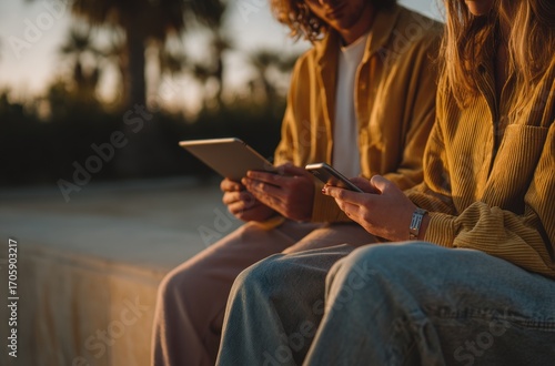 Two people sit outdoors in golden light, using a tablet and smartphone, wearing casual clothes. Trees are blurred in the background