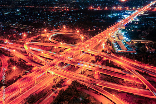 Expressway, Self-driving autonomous electric cars of the future with elements move along a busy traffic intersection. Artificial Intelligence, Car Scan, GPS Tracking, Smart Roads, IoT, highway