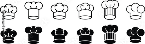 Chef hat icons, culinary symbols, kitchen graphics, black outline, solid silhouette, cooking profession, restaurant branding, food service, hospitality design, chef illustration, uniform styles