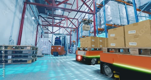 Cold storage food warehouse concept. Smart frozen storage warehouse. Smart Logistics. AI Robots and drones pick orders and transport cardboard boxes in a large automated cold storage warehouse. 