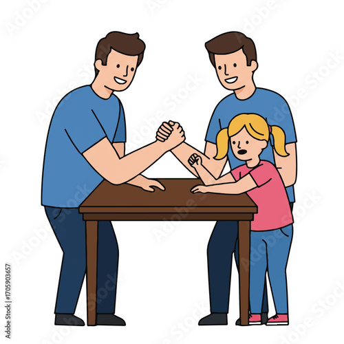 Vintage-style illustration of a young girl arm wrestling with a man, assisted by another man, on a brown table against a clean white background with a playful mood.