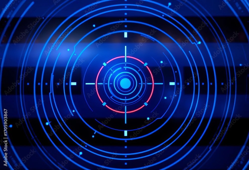 Fototapeta premium Abstract blue radar screen with concentric circles and blips, vector, futuristic