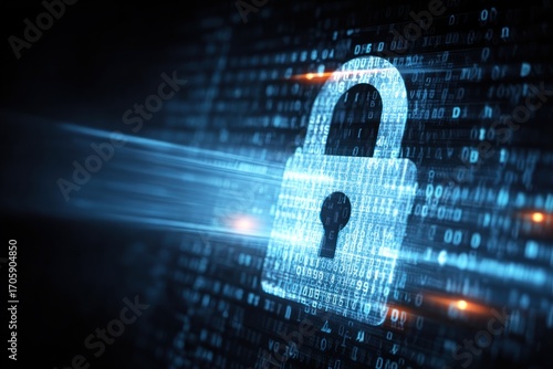 Digital security concept An image featuring a glowing padlock made of binary code against a background of binary data, highlighted with streaks of light