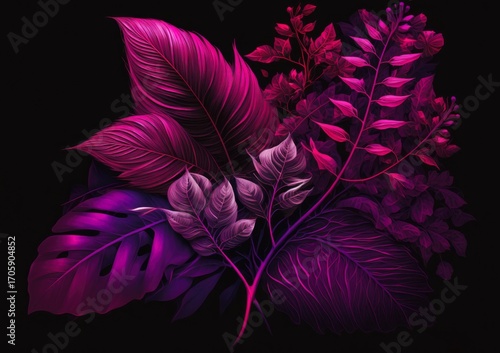 A striking arrangement of tropical leaves and botanical elements rendered in vivid neon pink, purple, and fuchsia tones against a black background.