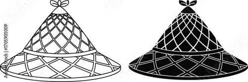 Traditional conical hats, one outlined and one solid black, symbolizing cultural heritage and protection from the sun.