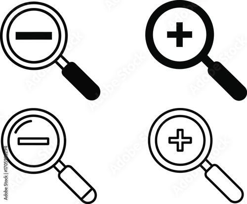 Simple icons representing zoom in and zoom out functionality with magnifying glasses