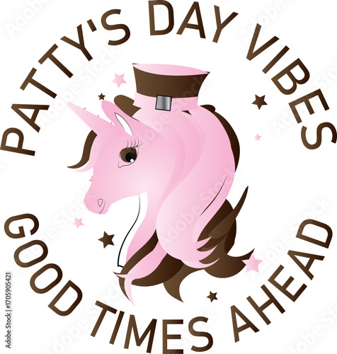 "Lucky Unicorn Art for PATTY’s Day" a whimsical illustration of a unicorn wearing a pale green top hat and a black ribbon with a four-leaf clover. Its mane is a mix of green, pink, and gray, and the i