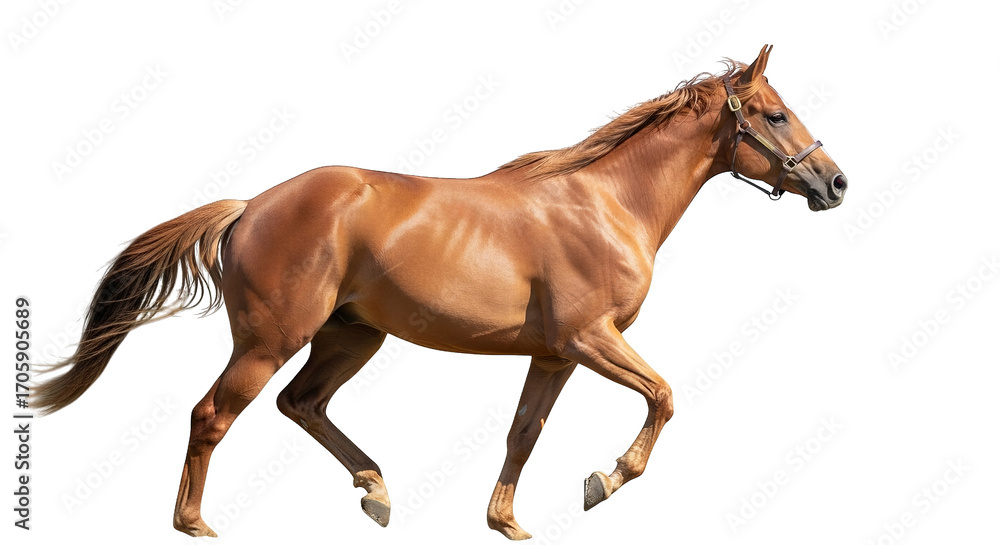 Fototapeta premium A beautiful chestnut horse with a dark mane trots gracefully, showcasing its strong, muscular build.