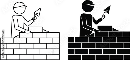 Construction worker building a brick wall with a trowel, depicted in two styles.
