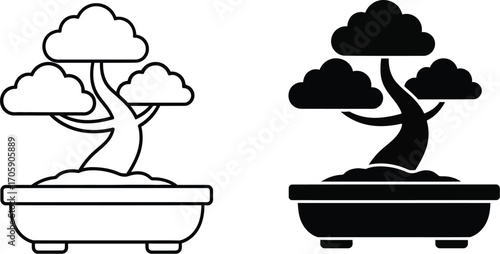 Artistic bonsai tree illustration in black and white, symbolizing nature and tranquility.