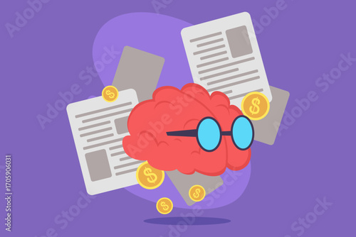 Cartoon-style brain with glasses amidst floating papers and coins, representing creativity and innovation in finance. Active thought process related to money concept