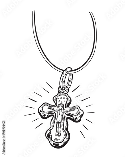 Cross with crucifixion and image of Jesus Christ. Detailed hand drawn illustration.