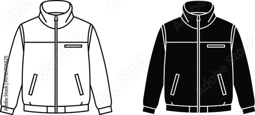 Clean front view illustration of a zip-up track jacket in white and black.