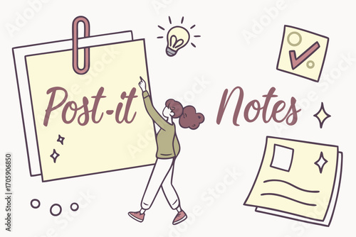 Handdrawn woman points towards sticky note with 'Post it Notes' text amid other notes