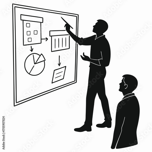 Person explains flow chart on whiteboard to coworker during team business meeting